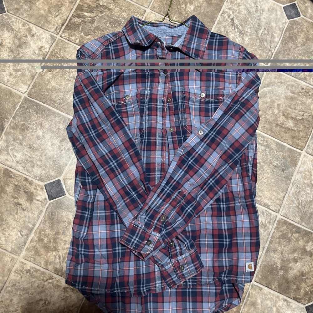 Carhartt Boy's Size Small 4/6 Navy & Red Flannel Button Up Casual Work 2 Pockets